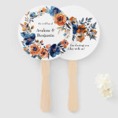Blauw en Sinaasappel Waterverf Bloemen bruiloft Handwaaier (Voorkant en achterkant)