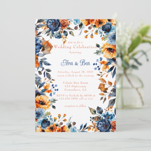 Blauw en Sinaasappel Waterverf Bloemen bruiloft Kaart (Staand voorkant)