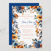 Blauw en Sinaasappel Waterverf Bloemen bruiloft Kaart (Voorkant / Achterkant)