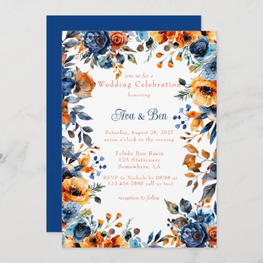 Blauw en Sinaasappel Waterverf Bloemen bruiloft Kaart (Voorkant / Achterkant)