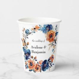Blauw en Sinaasappel Waterverf Bloemen bruiloft Papieren Bekers
