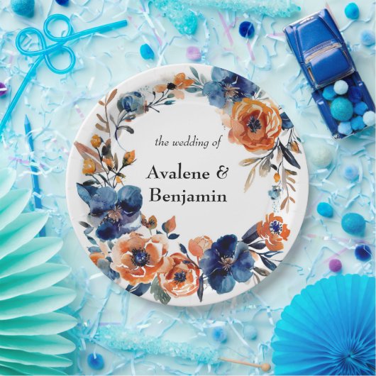 Blauw en Sinaasappel Waterverf Bloemen bruiloft Papieren Bordje (Feest)