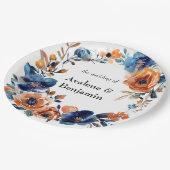Blauw en Sinaasappel Waterverf Bloemen bruiloft Papieren Bordje (Gekanteld)