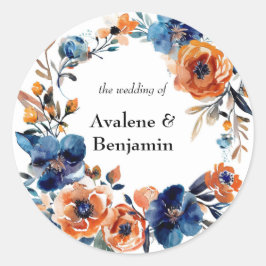 Blauw en Sinaasappel Waterverf Bloemen bruiloft Ronde Sticker