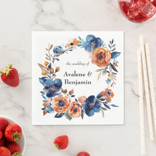 Blauw en Sinaasappel Waterverf Bloemen bruiloft Servet (Insitu)