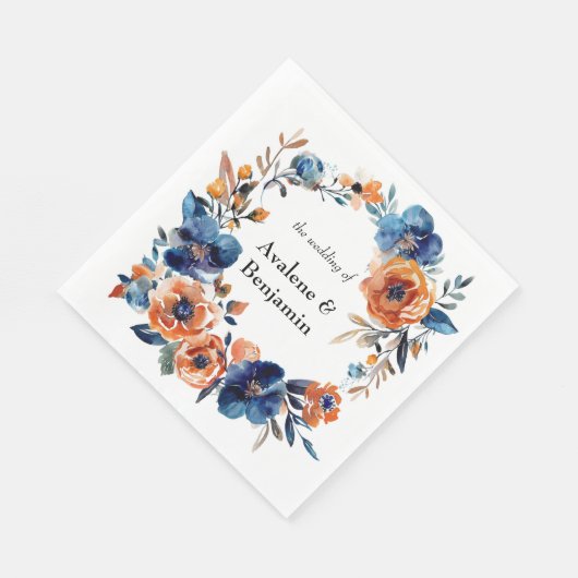 Blauw en Sinaasappel Waterverf Bloemen bruiloft Servet (Hoek)