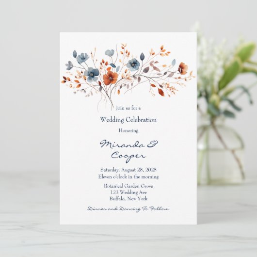 Blauw en Sinaasappel Wildbloemen Bruiloft Kaart (Staand voorkant)