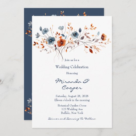 Blauw en Sinaasappel Wildbloemen Bruiloft Kaart (Voorkant / Achterkant)