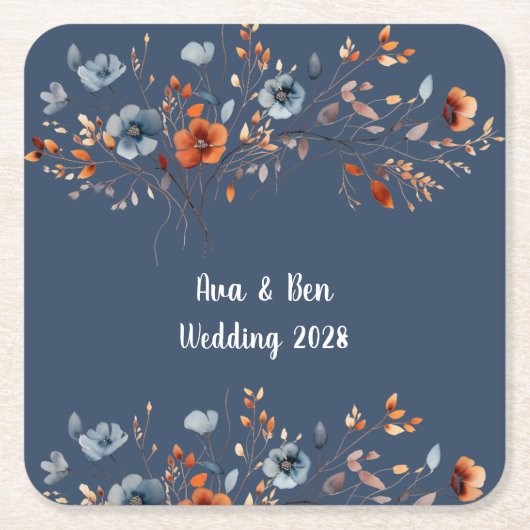 Blauw en Sinaasappel Wildbloemen Bruiloft Kartonnen Onderzetters (Voorkant)