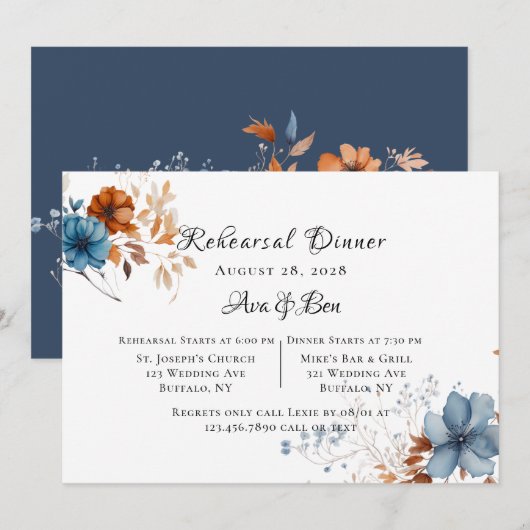 Blauw en Sinaasappel Wildbloemen repetitie Diner Kaart (Voorkant / Achterkant)