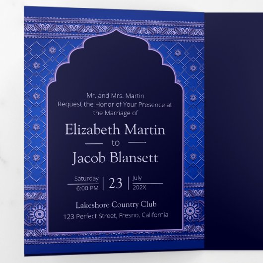 Blauw en Sliver Bollywood Style Indische bruiloft Drieluik Uitnodiging (Binnenzijde eerst)