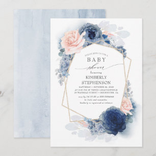 Blauw en Stof Roze Bloemige Baby Borrel Kaart