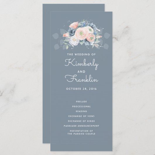 Blauw en stoffig Roos Bloemen Trouwprogramma's Programmakaart (Voorkant / Achterkant)