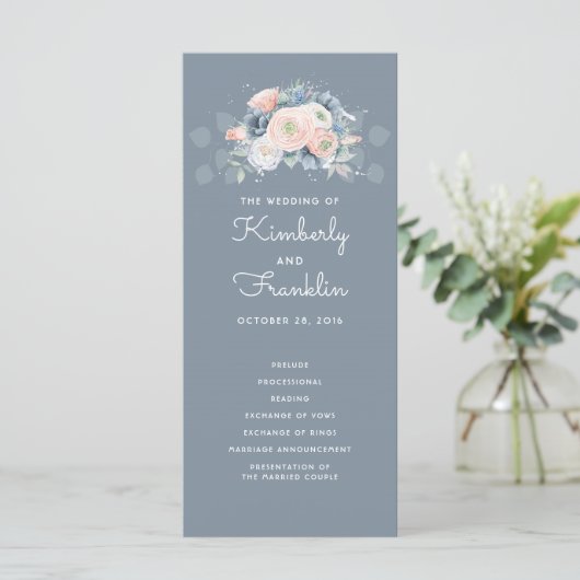 Blauw en stoffig Roos Bloemen Trouwprogramma's Programmakaart (Staand voorkant)