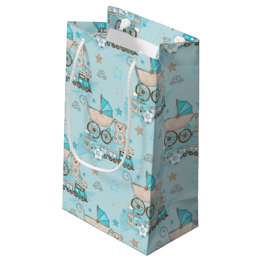 BLAUW- EN TAN BABY-BEER PRAM-TREINEN KLEIN CADEAUZAKJE (Achterkant Gekanteld)