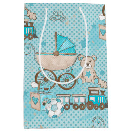 BLAUW EN TAN BABY BOY BEER TREINT BALLEN BLOKKEN MEDIUM CADEAUZAKJE