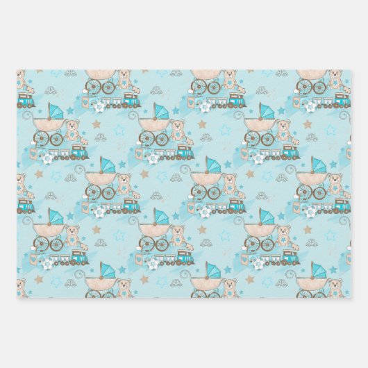 BLAUW EN TAN WATERVERF BABY CARS TRAINEN BEREN INPAKPAPIER VEL (Voorkant 3)