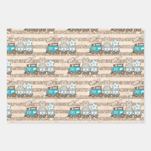 BLAUW EN TAN WATERVERF BABY CARS TRAINEN BEREN INPAKPAPIER VEL (Voorkant 2)