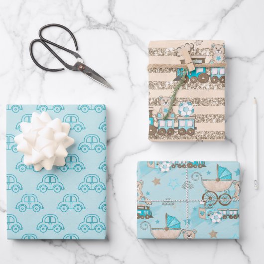 BLAUW EN TAN WATERVERF BABY CARS TRAINEN BEREN INPAKPAPIER VEL (Voorkant)