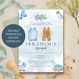 Blauw en taupe aquarel baby jongen Aqeeqah uitnodi Kaart