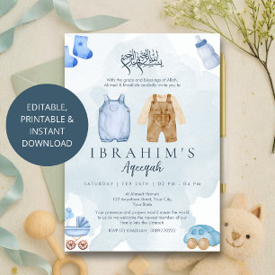 Blauw en taupe aquarel baby jongen Aqeeqah uitnodi Kaart