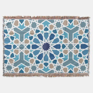 Blauw en Taupe Marokkaans Geometrisch Mozaïekpatro Deken
