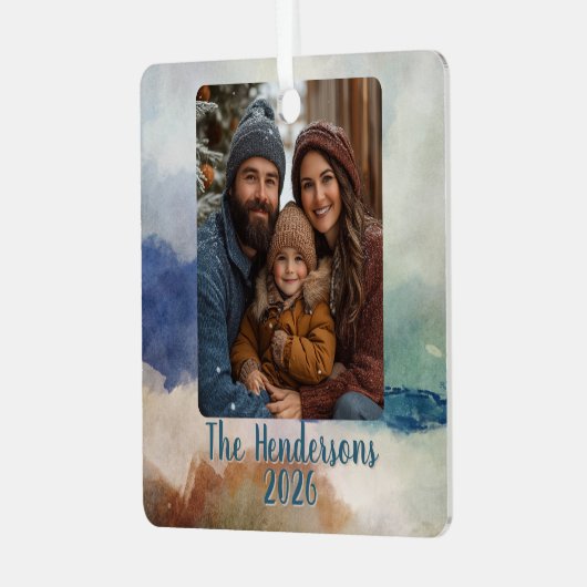 Blauw en Terracota Waterverf Fotovakantie Metalen Ornament (Voorkant links)