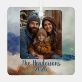 Blauw en Terracota Waterverf Fotovakantie Metalen Ornament (Achterkant)