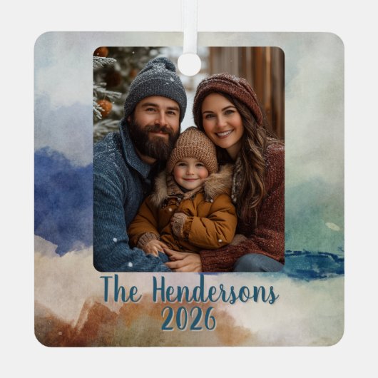 Blauw en Terracota Waterverf Fotovakantie Metalen Ornament (Achterkant)