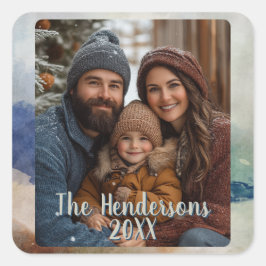 Blauw en Terracota Waterverf Fotovakantie Vierkante Sticker