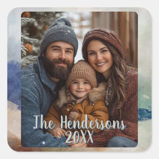 Blauw en Terracota Waterverf Fotovakantie Vierkante Sticker (Voorkant)