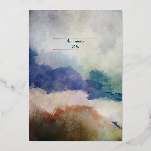 Blauw en Terracota Waterverf Roos Gold Folie Feestdagenkaart (Achterkant)