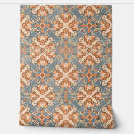 Blauw en terracotta Art Nouveau bloemmotief Behang