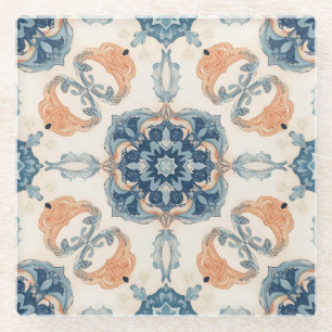 Blauw en terracotta mediterraan boho glazen onderzetter