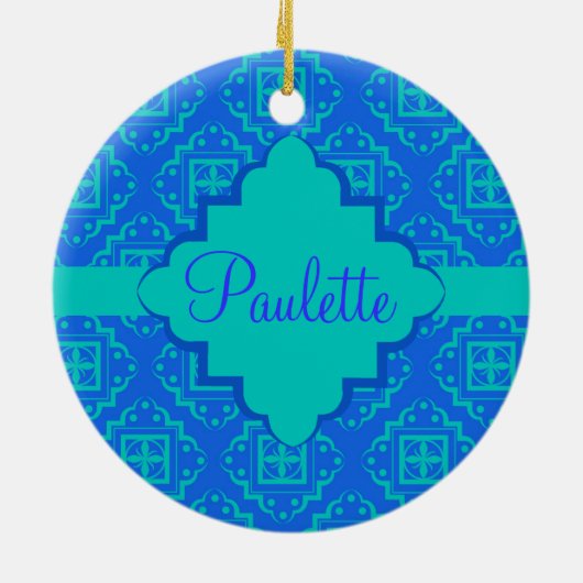 Blauw en Turquoise Arabesque Moroccan Keramisch Ornament (Achterkant)