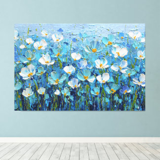 Blauw en turquoise bloemenschildering met textuur canvas afdruk