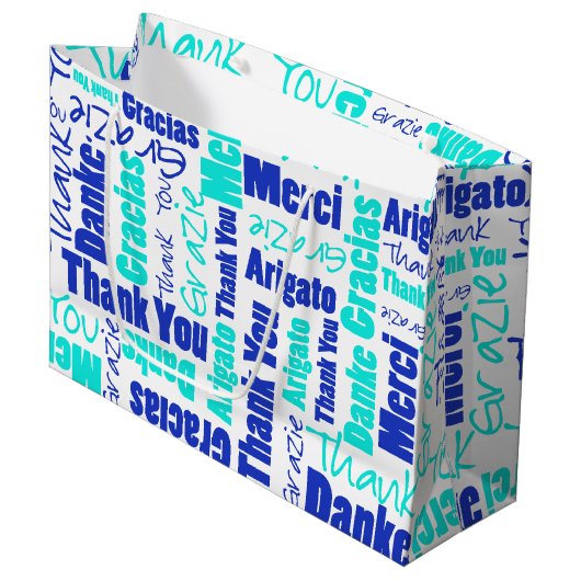 Blauw en Turquoise Dank u Word Cloud Groot Cadeauzakje (Voorkant Gekanteld)