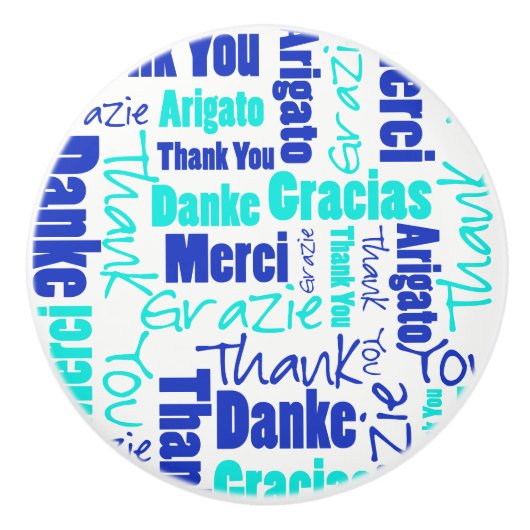 Blauw en Turquoise Dank u Word Cloud Keramische Knop (Voorkant)