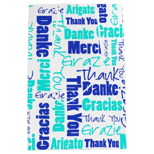 Blauw en Turquoise Dank u Word Cloud Medium Cadeauzakje (Voorkant)
