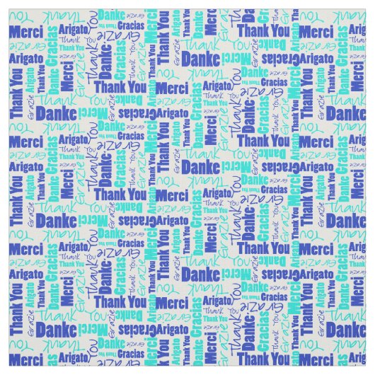 Blauw en Turquoise Dank u Word Cloud Stof (Swatch)