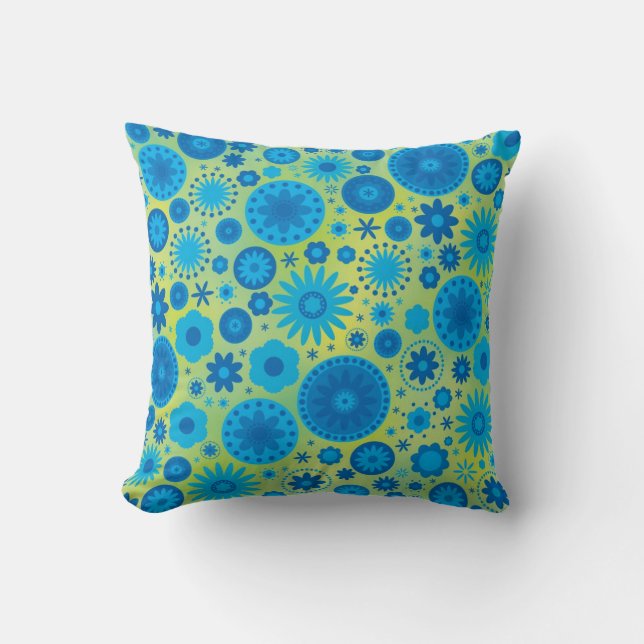 Blauw en Turquoise Hippy Flower Pattern Kussen (Voorkant)