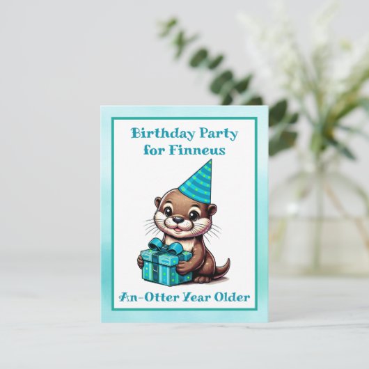 Blauw en Turquoise Otter Boy's Verjaardagsfeest Kaart (Staand voorkant)