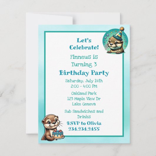 Blauw en Turquoise Otter Boy's Verjaardagsfeest Kaart (Achterkant)
