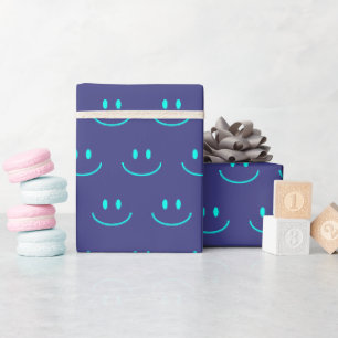 Blauw en Turquoise Smile Pattern Wrapping Paper Cadeaupapier