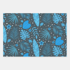 Blauw en Turquoise Tropisch Palm Monstera Bladeren Inpakpapier Vel