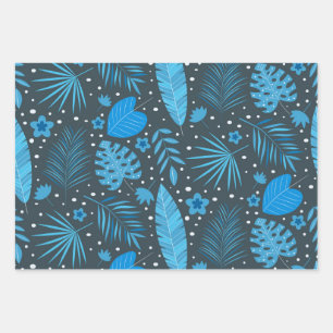 Blauw en Turquoise Tropisch Palm Monstera Bladeren Inpakpapier Vel