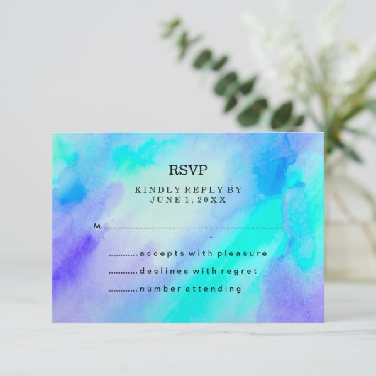 Blauw en turquoise Waterverf look RSVP (Staand voorkant)