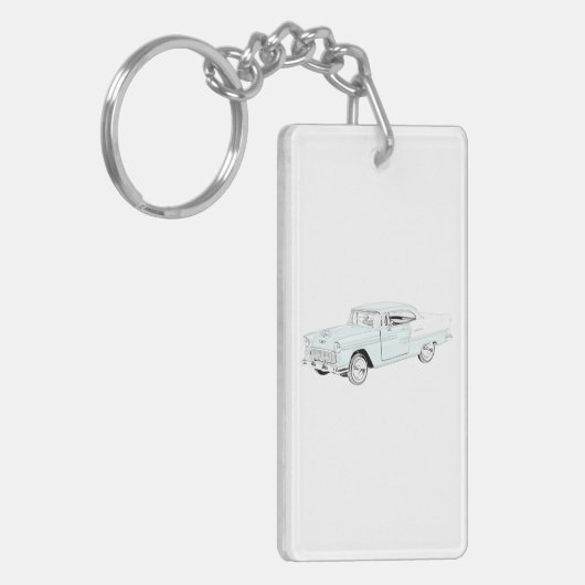Blauw en wit 1955 Chevy Bel Air Drawing Acryl Sleutelhanger (Voorkant Links)