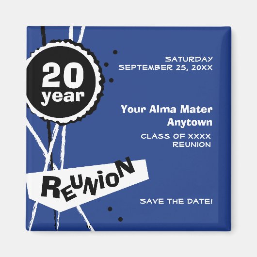 Blauw en Wit 20 Jaar Klasse Reunion Magnet (Voorkant)