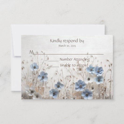 Blauw en Wit 3D Bloemtuin Huwelijk RSVP Kaartje (Voorkant)